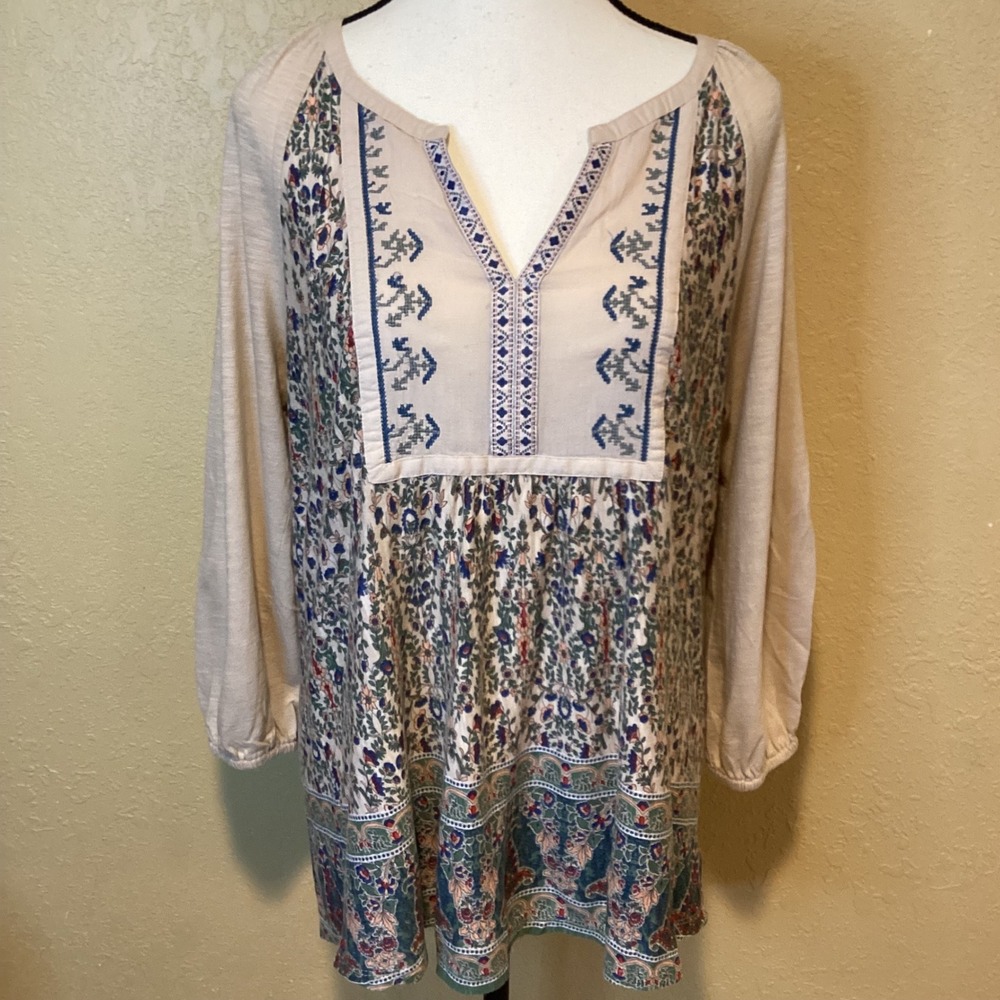 Vintage America Split Neck Beige Tunic‎ Shirt, Embroidered Floral Print